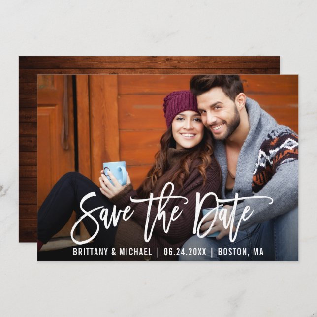 Det moderna penselskriptet sparar datumfototräkort inbjudningar (Fram/baksida)