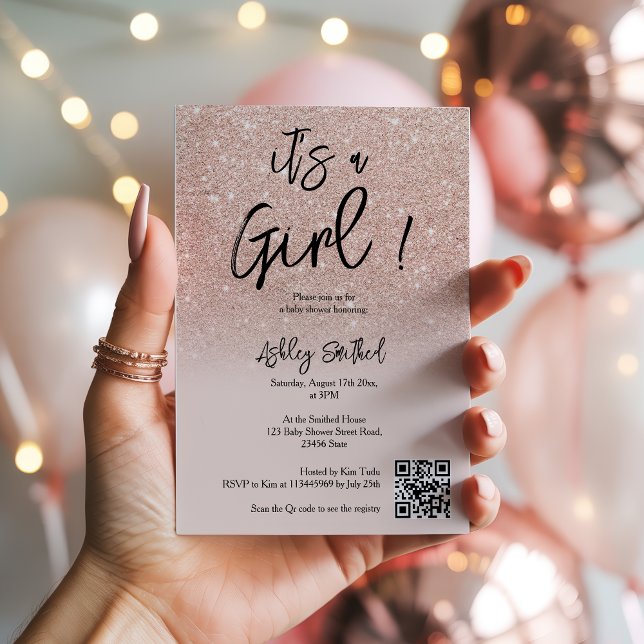 Det moderna Ro Guld Rosa Glitter om  om flickor i  Inbjudningar (Modern Rose Gold Glitter Pink Ombre Girl Baby Show Invitation)