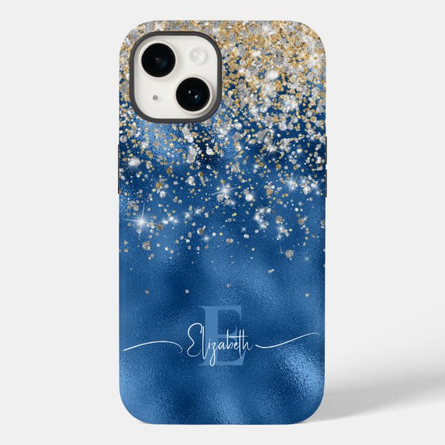Det moderna Royalet Blue Foil Guld Faux Glitter Mo (Baksida)