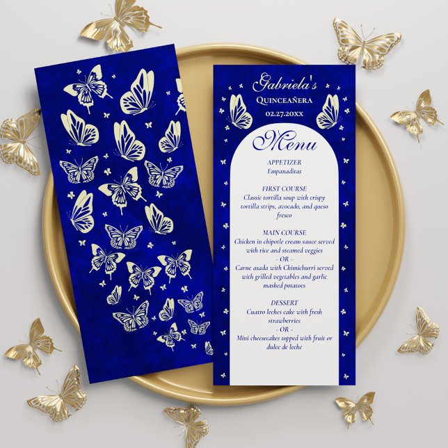 Det moderna Royalet Blue Guld Butterflies Quinceañ Meny (Modern Royal Blue Gold Butterflies Quinceañera Menu)