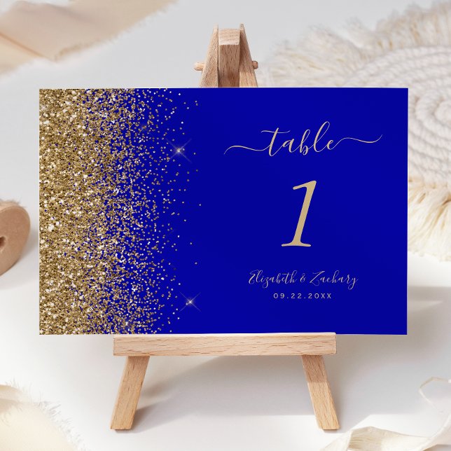 Det moderna Royalet Blue Guld Glitter Kant Bröllop Bordsnummer (Skapare uppladdad)
