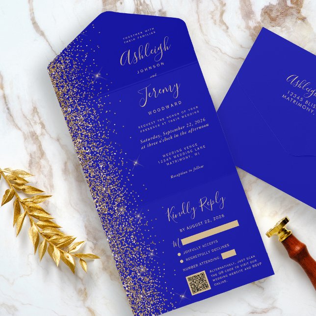 Det moderna Royalet Blue Guld Glitter QR-koden Brö (The perfect choice for a royal blue and gold themed wedding.)