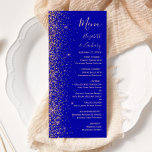 Det moderna Royalet Blue Ro Guld Glitter Bröllop Meny<br><div class="desc">Den moderna bröllop-menyn på den lämnat kant-menyn i eleganten har en design från ro guld faux glitter. Anpassadet kombinerar handskrift,  rityta och kursivt typsnitt med blek ro färgad mot royalets blå bakgrund. Den omvända sidan har en passande utformning av royalet blue och ro guld glitter.</div>
