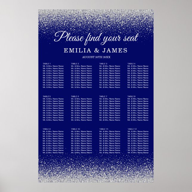 Det moderna Royalet Blue Silver Glitter Bröllop Poster (Framsidan)