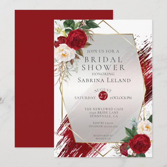 Det moderna Scarlet Peonies och Crimson Paint Stro Inbjudningar (Fram/baksida)