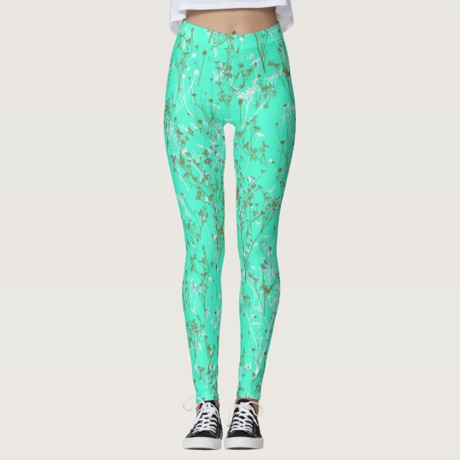 Det moderna Trendiget Aqua Blue Wildblomma Mönster Leggings (Framsida)