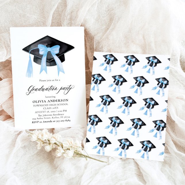 Det moderna Trendiget Blue Bow Studentmössa Studen Inbjudningar (Watercolor Modern Elegant Trendy Stylish Blue Bow Graduation Invitation)