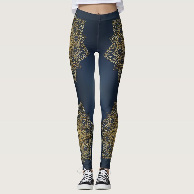 Det moderna Trendiget Blue Guld Mandala Leggings (Framsida)