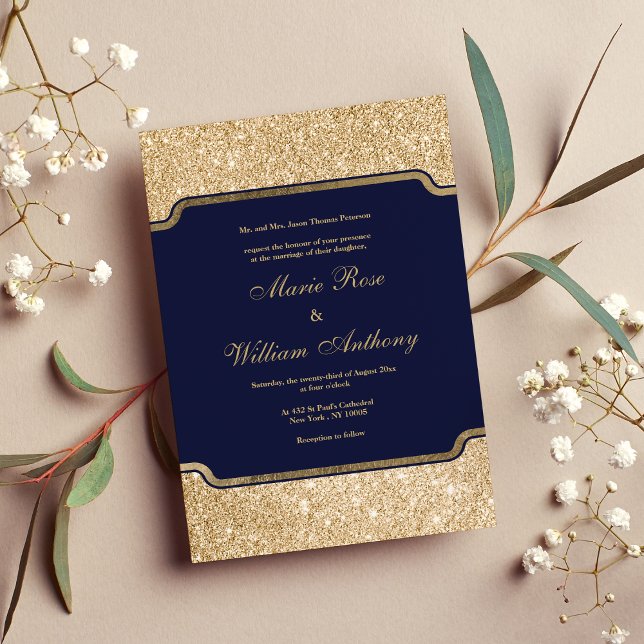 Det moderna trendigets marinblått guld glitter Brö Inbjudningar (Modern trendy navy blue gold glitter Wedding Invitation)