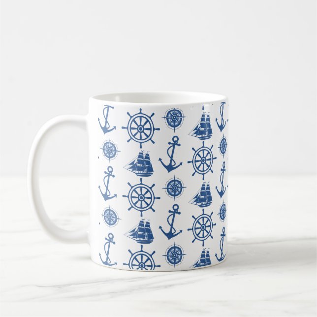 Det nautiska temat ankrar blått och vit kaffemugg (Vänster)