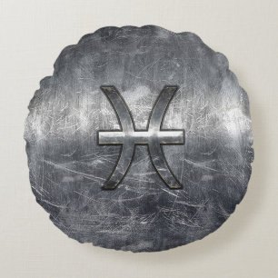 Det Pisces Zodiacsymbolet i grunge stålsätter Rund Kudde
