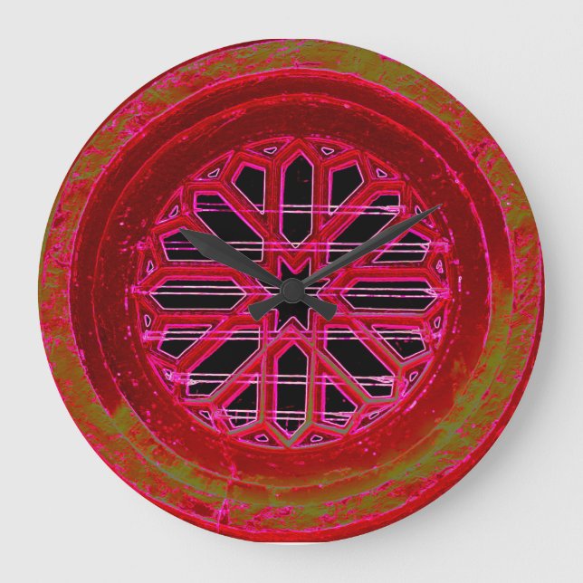 det röda medeltida fönstret tar tid på stor klocka (Framsida)