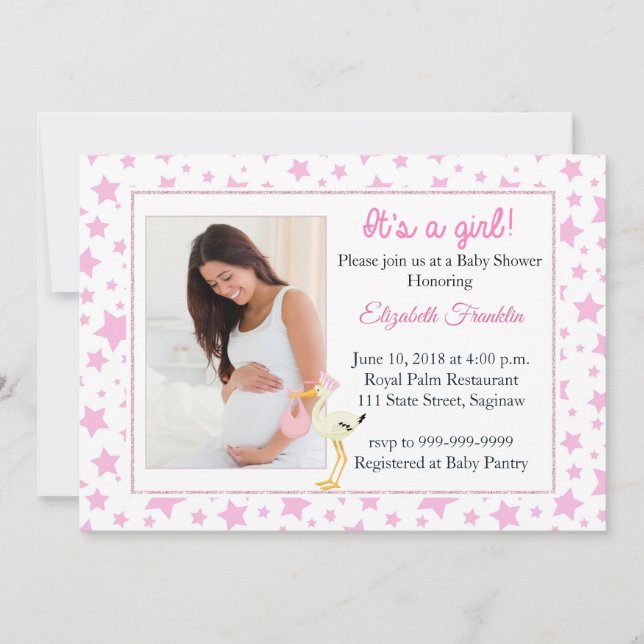 Det rosa stjärnafotoet är det en flickababy inbjudningar (Framsida)