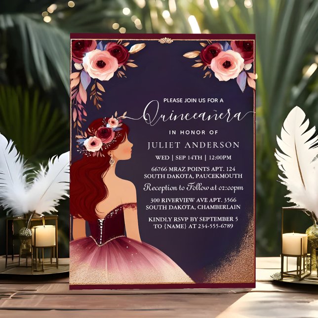 Det Silver Plum Snöre Gown Boho Burgundy Quinceane Inbjudningar (Skapare uppladdad)