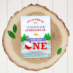Det stora enfärgade fisketemat 1:a födelsedagen inbjudningar