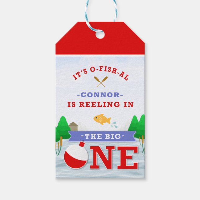 Det stora enfärgade fisketemat 1:a födelsedagen presentetikett (Framsidan)