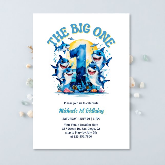 Det stora hajtemat under havet 1:a födelsedagen inbjudningar (The Big ONE First Birthday Invitation – Shark Theme Under the Sea Party Invitation)
