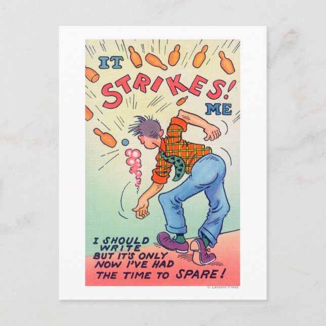 Det Strejkor mig, Tecknad Man Bowling Vykort (Framsida)