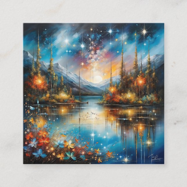 Det surreala, speglade sjö som reflekterar ett stj fyrkantigt visitkort (Framsida)