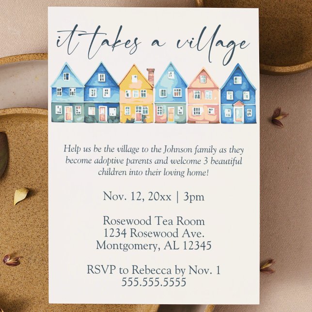 "Det tar en by", fotbolls-EM Inbjudningar ("it takes a village" foster / adoptive baby or child shower invitation cute watercolor pastel houses)