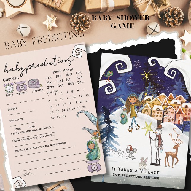 Det Tar en By Vinter Baby Förutsägelse Spel Inbjudningar (It Takes a Village Winter Baby Predictions Game Invitation)