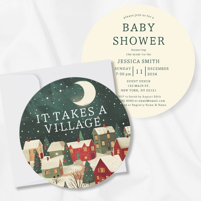 Det tar en korg med vismisk vinter-babyskare inbjudningar (It Takes A Village Winter Illustration Baby Shower Invitation
)