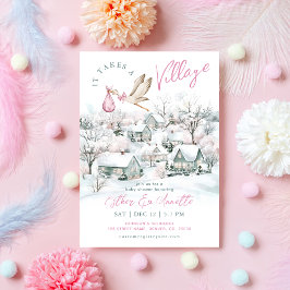 Det tar en Village Stork Winter Girl Baby Shower Inbjudningar