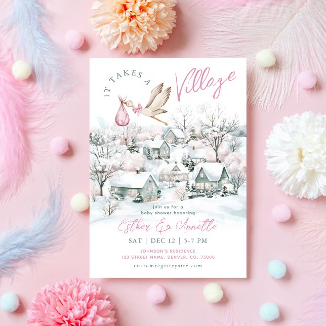 Det tar en Village Stork Winter Girl Baby Shower Inbjudningar (Skapare uppladdad)