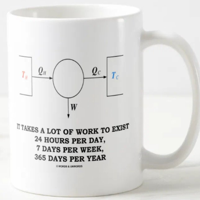 Det tar ett raddaarbete för att finnas kaffemugg (Wry physics work humor is alive and well on this mug featuring the Carnot engine & funny work saying)