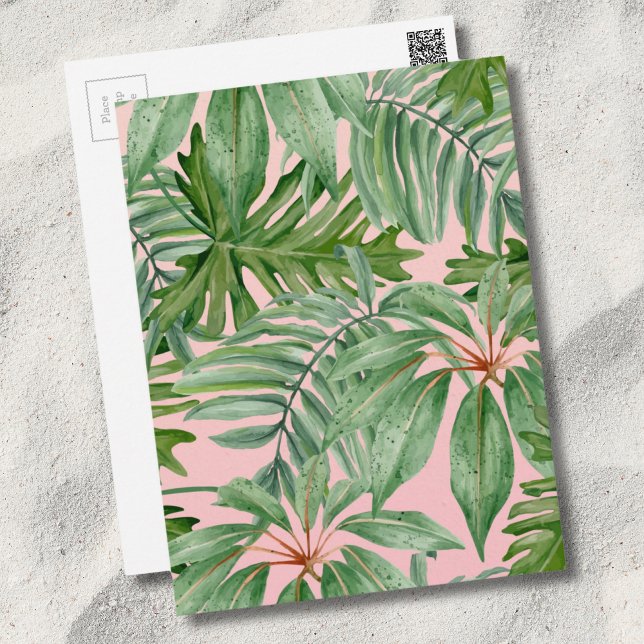 Det tropiska Blommönstret rosa och Handflatan Löv Vykort (Pink Palm Leaf Floral Pattern Tropical Postcard)