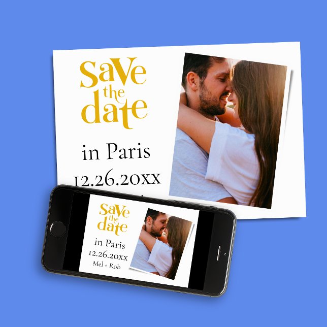 Det unika fotospardatumet i det moderna Paris Guld Inbjudningar (Photo Save The Date Announcement Cards)