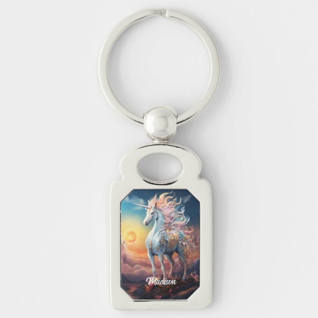 Det vackra Unicorn Rektangulärt Silverfärgad Nyckelring (Framsidan)