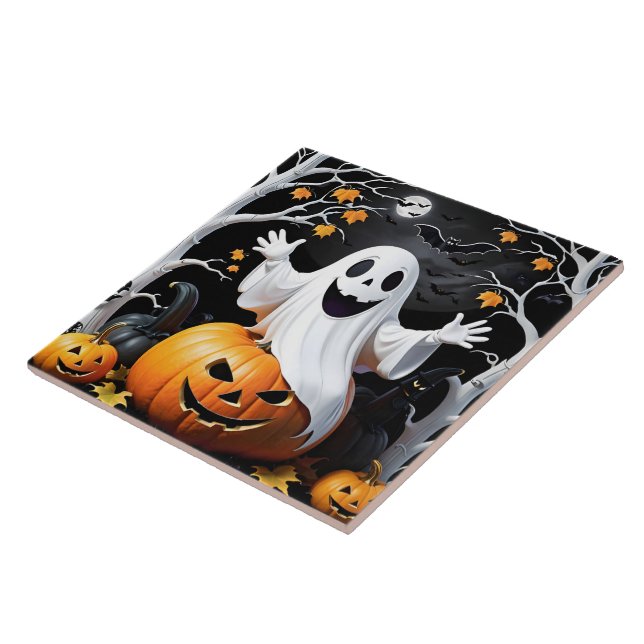 Det vismliga spöket firar Halloween av en pumpkin Kakelplatta (Sidan)