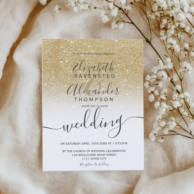 Det vita manuset guld glitter chic bröllop inbjudningar (gold glitter ombre white script chic wedding invitation)
