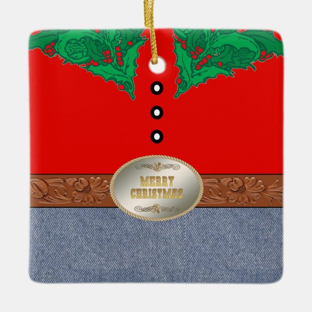Det westerna CowboySanta bältet spänner fast röd Julgransprydnad Keramik (Framsida)