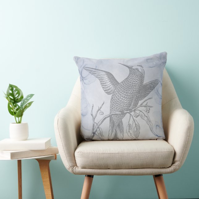 Detailed Bird Line Drawing Art Pastel Blue Kudde (Stol)