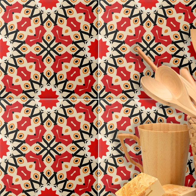 Detailed Ethnic Red Arabesque Geometric Mönster Kakelplatta (Skapare uppladdad)