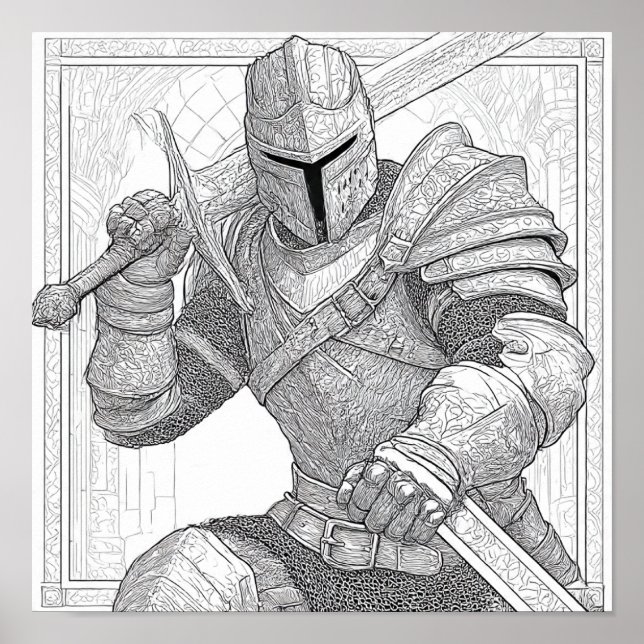 Detailed Knight in Full Armor - Coloring Page Poster (Framsidan)