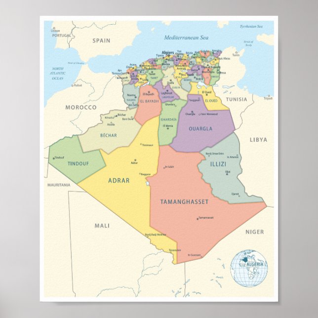 Detailed Map of Algeria Regions Poster (Framsidan)