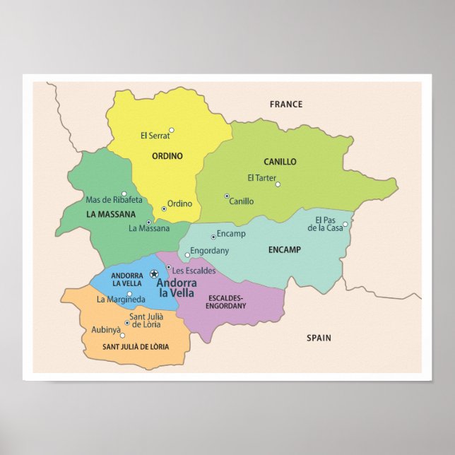Detailed Map of Andorra Regions Poster (Framsidan)