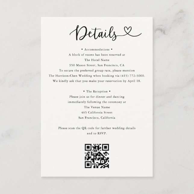 Details Heart QR Code RSVP Wedding  Enclosure Card Tilläggskort (Framsida)
