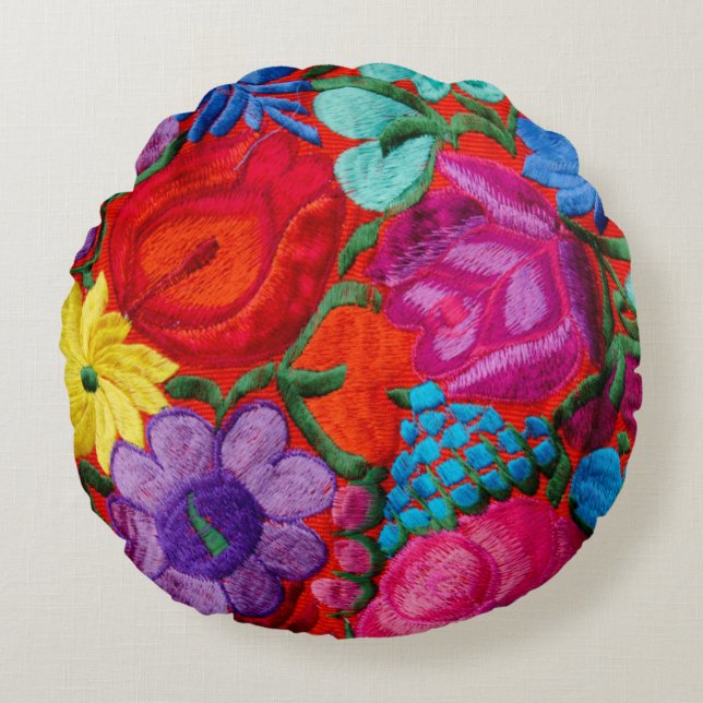 Detalj av traditionell broderi blomsterduk rund kudde (Framsidan)