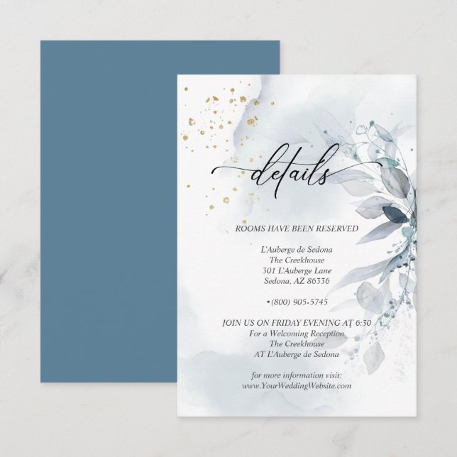 Detaljer 2 Elegant Dammig Blå Akvarellbladverk Inbjudningar (Fram/baksida)