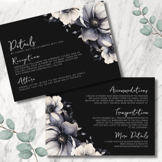 Detaljer Elegant Skript Blommig Svart Vit Bröllop Tilläggskort (Details Elegant Script Floral Black White Wedding Enclosure Card)