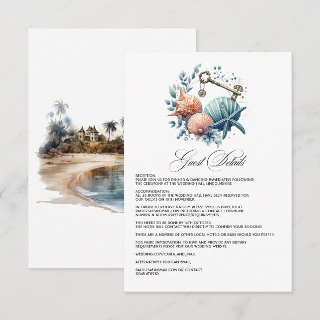 Detaljer för gäst vid Coastal Chic strandbröllop Tilläggskort (Fram/baksida)