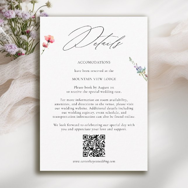Detaljer för Modern Fjällbröllopsäng Tilläggskort (mountain wedding details card qr code wildflowers meadow floral watercolor modern calligraphy)