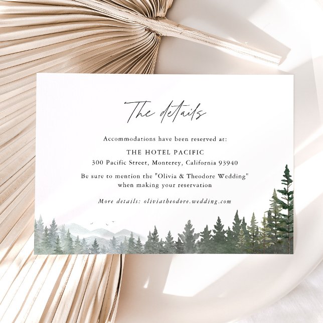 Detaljer för Mountain Forest Pine Wedding Hotel Tilläggskort (Mountain forest wedding details card, sage green pine wedding stationery, neutral park hotel card)