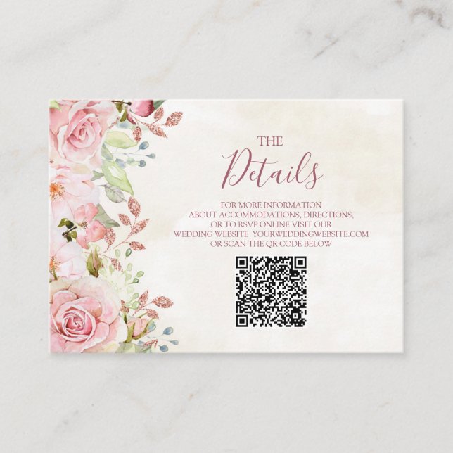 Detaljer för Rosa Blommig Vårbröllops QR-kod Tilläggskort (Framsida)