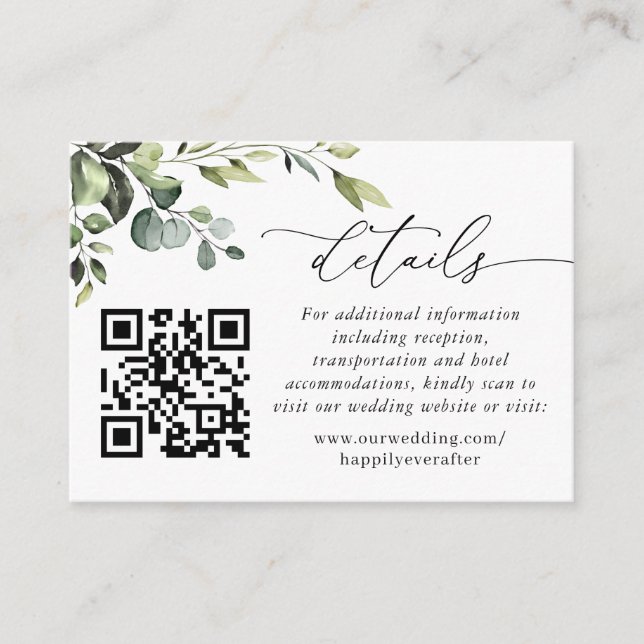 Detaljer för Simply Elegant Eucalyptus Wedding QR- Tilläggskort (Framsida)