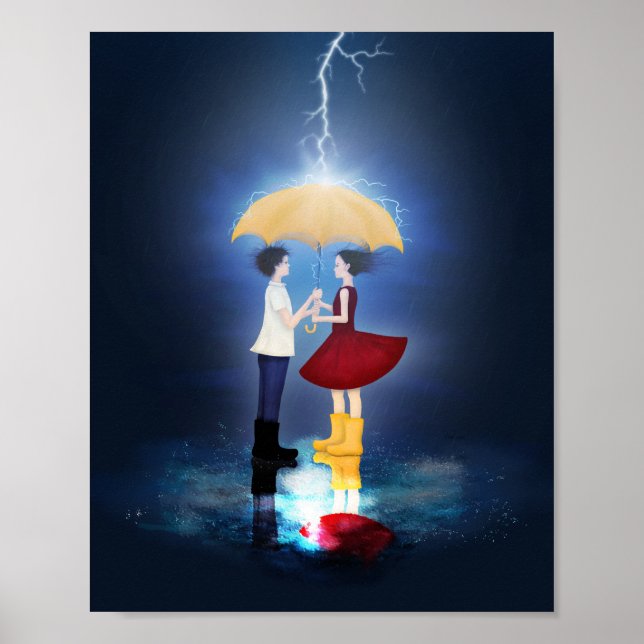 Detaljer från "Loverike" Couple Sharing Umbrella Poster (Framsidan)
